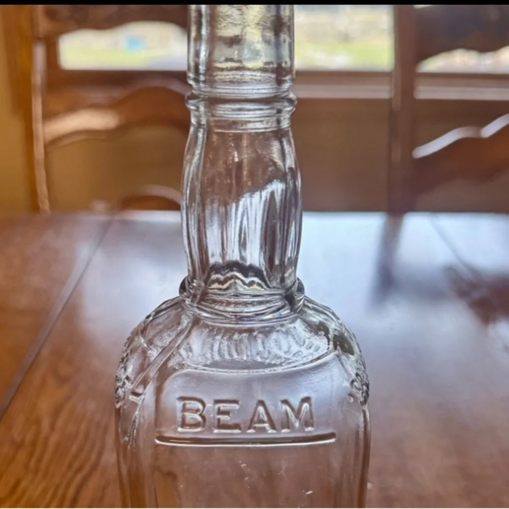 Vintage 1940s Jim Beam Clear Glass Whiskey Bottle Embossed MCM Decor